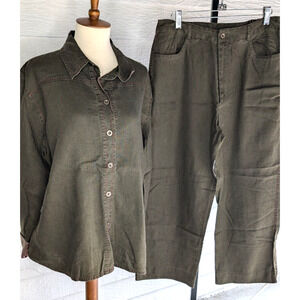 Chico's Design 100% Linen Green Top/Pants Size with Red Thread Detail